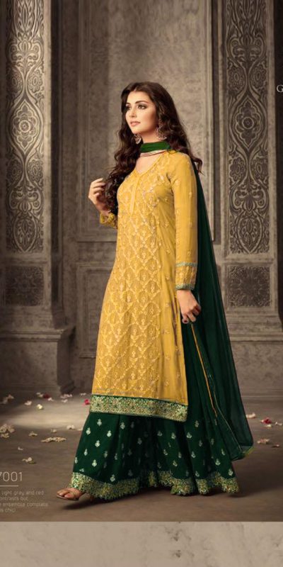 Yellow-Green Faux Georgette Embroidery & Stone Work Sharara Suit
