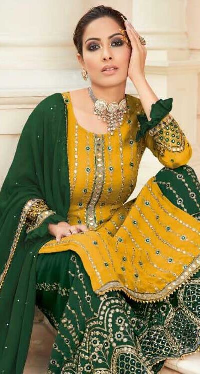 FC 9704 Yellow Green Top : Georgette Work : Embroidery Work, Mirror Work Wedding, Festive, Events Black Georgette Embroidered Sharara @2099 | Casual Suits, Creative suits, Designer Suits, Palazzo Suits, Party Wear Suits, Salwar suit, Straight Suits