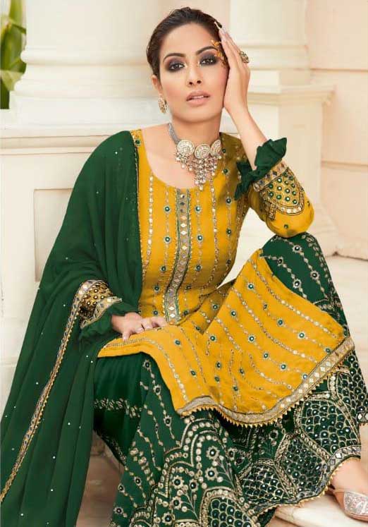 FC 9704 Yellow Green Top : Georgette Work : Embroidery Work, Mirror Work Wedding, Festive, Events Black Georgette Embroidered Sharara @2099 | Casual Suits, Creative suits, Designer Suits, Palazzo Suits, Party Wear Suits, Salwar suit, Straight Suits