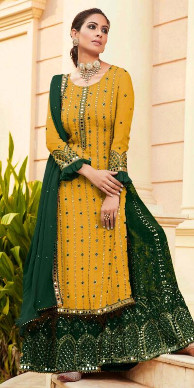 FC 9704 Yellow Green Top : Georgette Work : Embroidery Work, Mirror Work Wedding, Festive, Events Black Georgette Embroidered Sharara @2099 | Casual Suits, Creative suits, Designer Suits, Palazzo Suits, Party Wear Suits, Salwar suit, Straight Suits