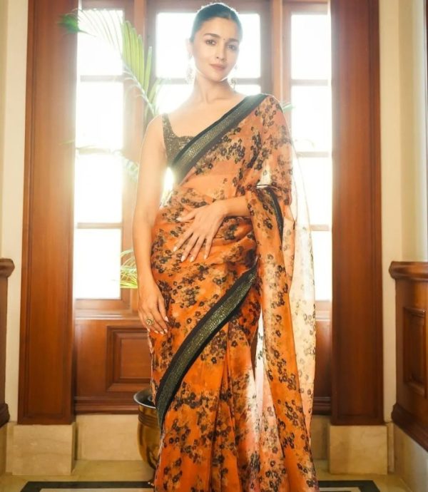 Alia Bhatt Orange Color Organza Silk Digital Flower Printed Saree