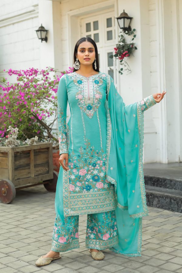 Artful Cyan Color Chinon Silk Diamond Hand Work Sharara Suit