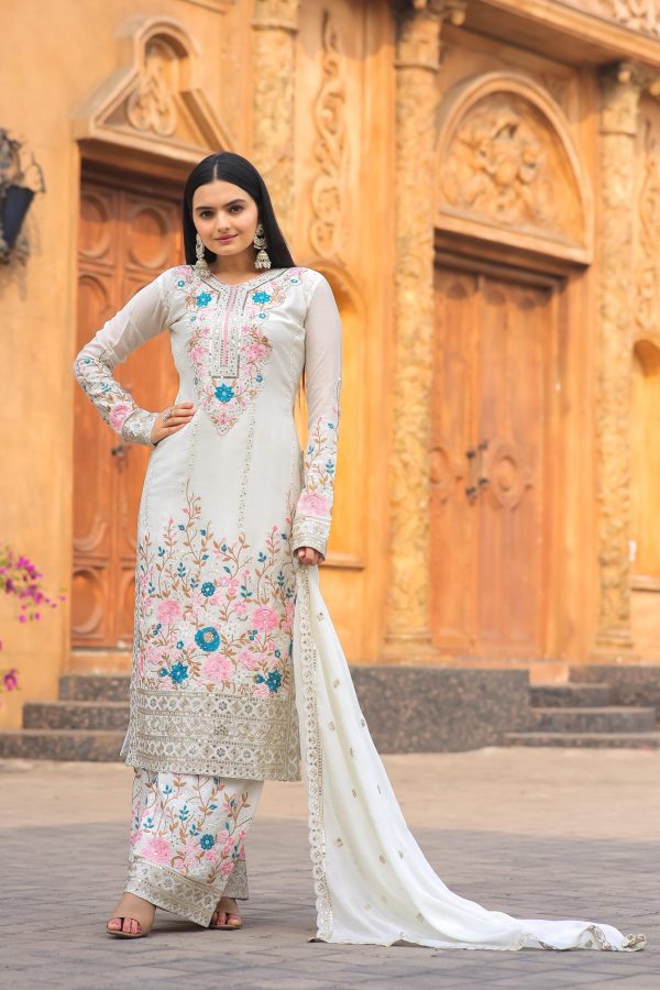 Artful White Color Chinon Silk Diamond Hand Work Sharara Suit