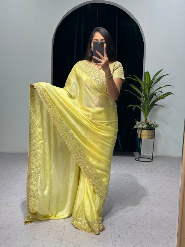 Artful Yellow Color Chinon Sequins & Zari Embroidery Work Saree
