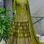 Captivating Pista Green Chinnon Silk Embroidery Lehenga Choli