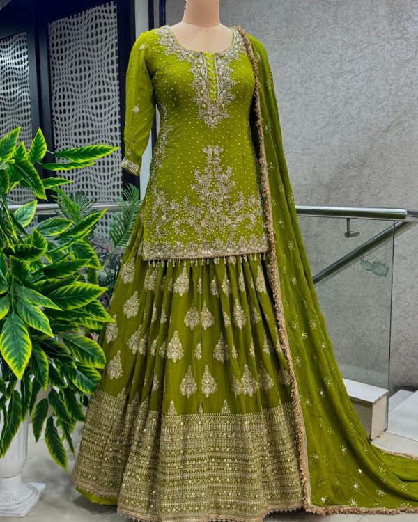 Captivating Pista Green Chinnon Silk Embroidery Lehenga Choli