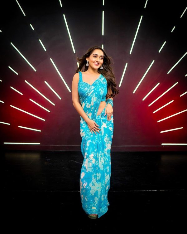 Classic Blue Floral Digital Printed Georgette Lace Border Saree