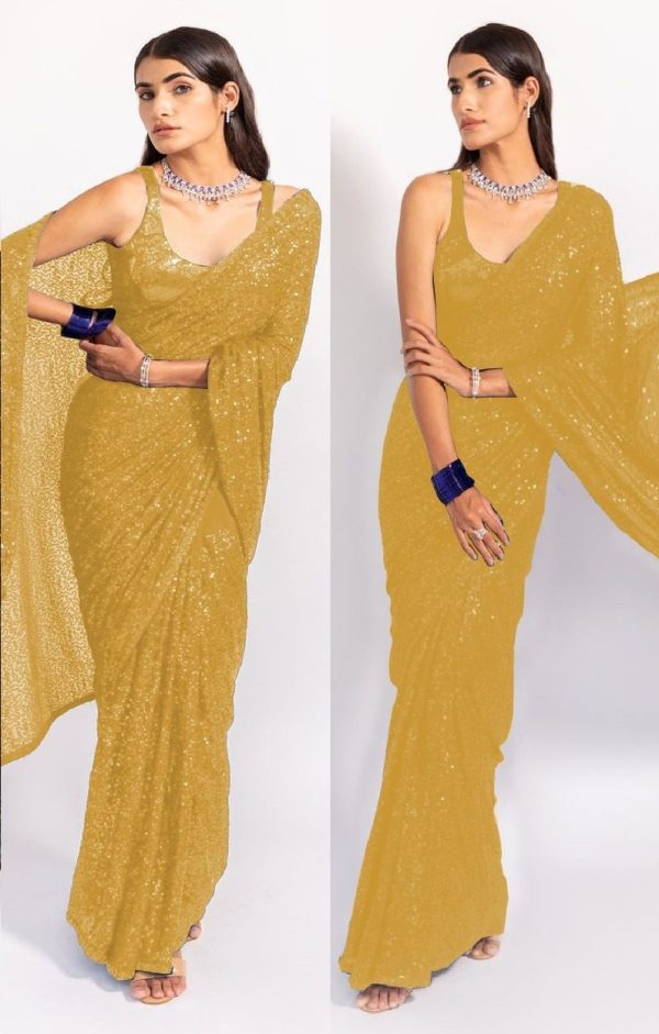 Consummate Golden Georgette Fancy Sequence Work Saree