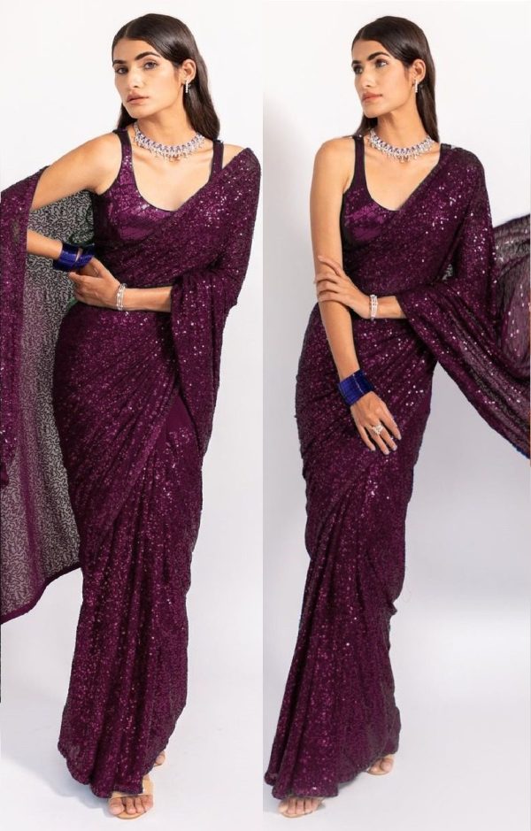 Consummate Purple Color Georgette Fancy Sequence Work Saree