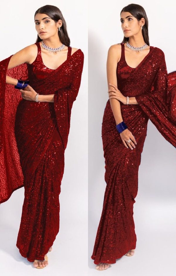 Consummate Red Color Georgette Fancy Sequence Work Saree