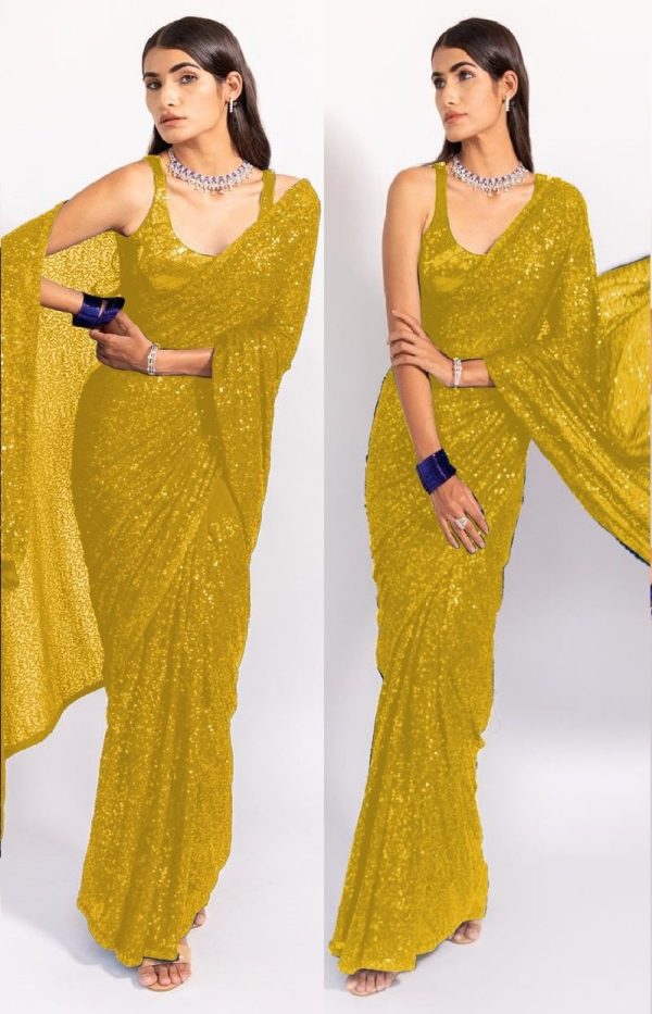 Consummate Yellow Color Georgette Fancy Sequence Work Saree