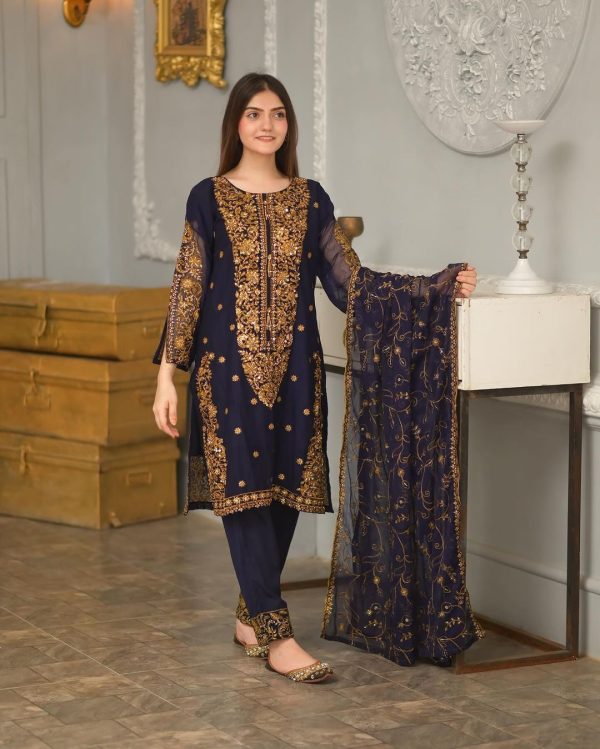 Cute Navy Blue Color Faux Georgette Embroidery Sequence Work Salwar Suit