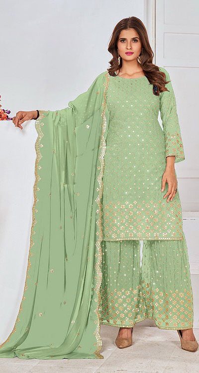 Cute Pista Green Color Georgette Embroidery Stone Sharara Suit