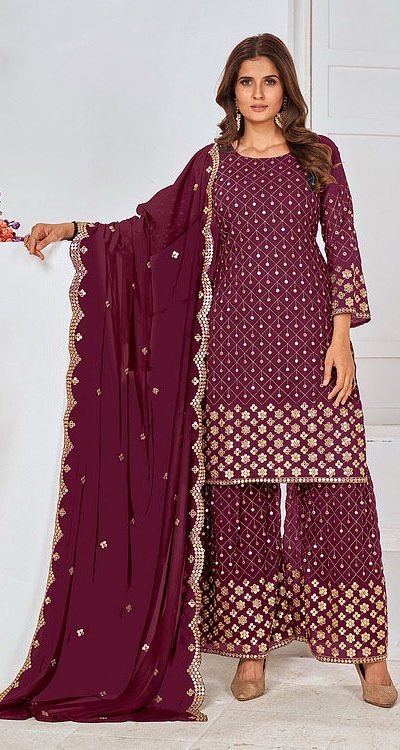 Cute Purple Color Georgette Embroidery Stone Work Sharara Suit