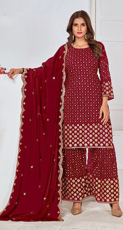 Cute Red Color Georgette Embroidery Stone Work Sharara Suit