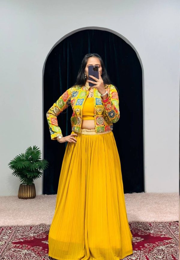 Cute Yellow Color Georgette Zari Kashmiri Mirror Lehenga Choli