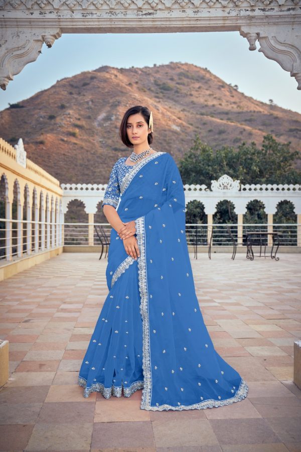 Dazzling Blue Color Bright Organza Silk Sequence Work Saree