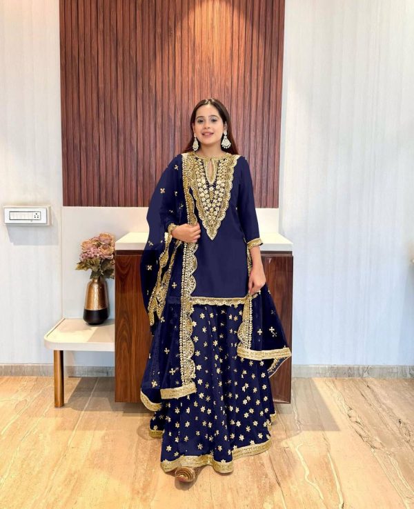 Dazzling Blue Georgette Embroidery Mirror Work Salwar Suit