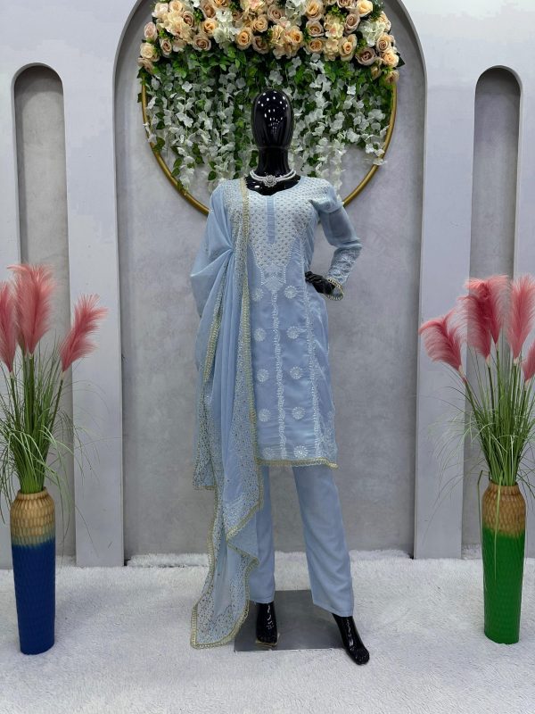 Dazzling Blue Color Tabby Organza Thread Sequence Work Kurti