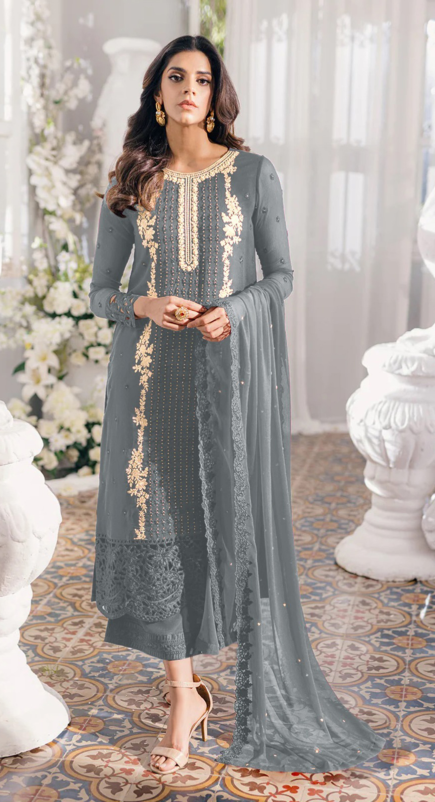 Pleasing Grey Color Butterfly Net With Multi Work Anarkali