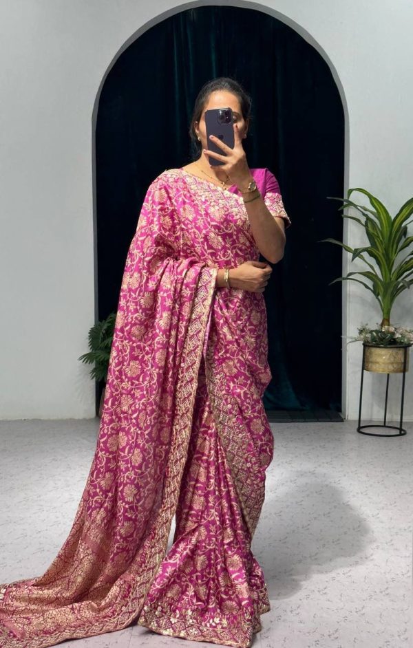 Dazzling Pink Color Vichitra Silk Digital Printed Embroidery Saree