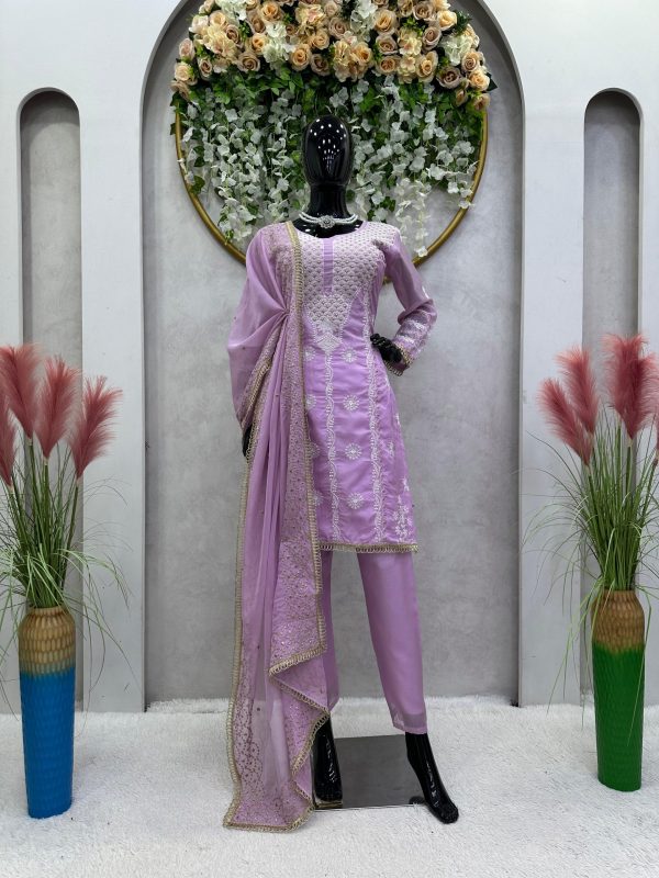 Dazzling Purple Color Tabby Organza Thread Sequence Work Kurti