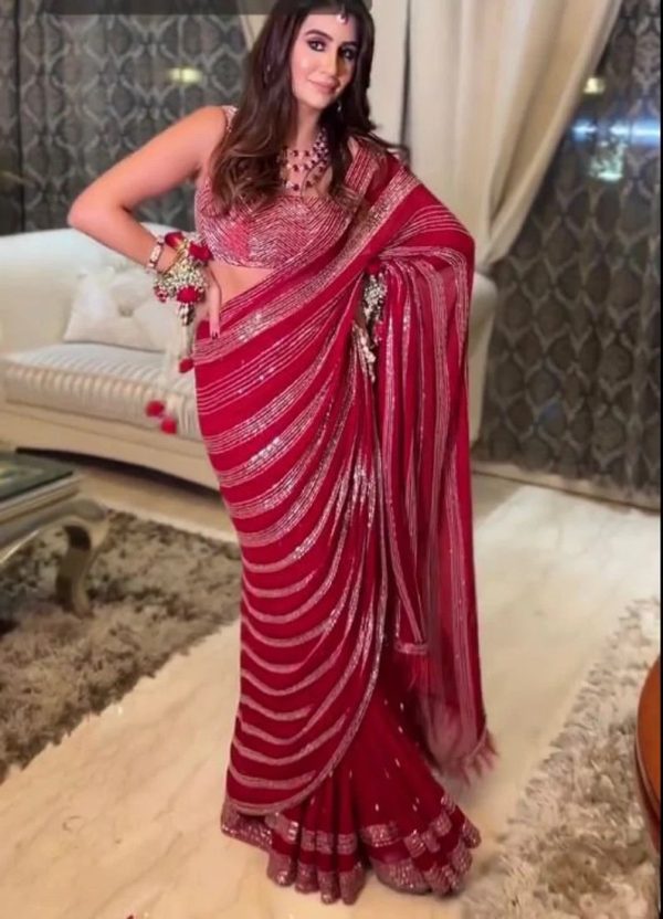 Dazzling Red Color Georgette Embroidery Pallu & Scat Saree