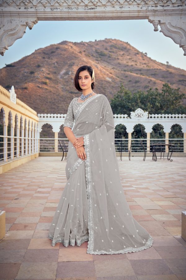 Dazzling Silver Color Bright Organza Silk Sequence Work Saree