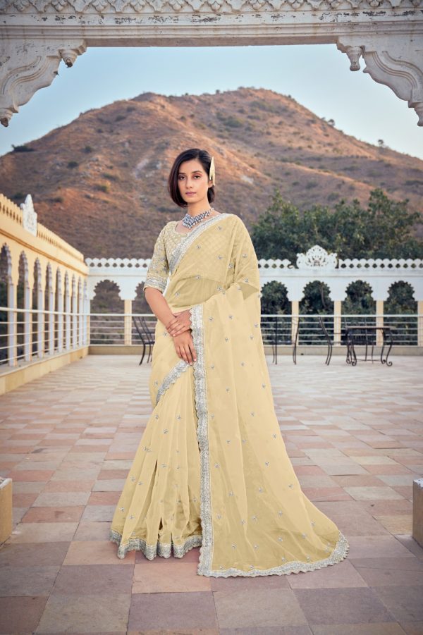 Dazzling Yellow Color Bright Organza Silk Sequence Work Saree