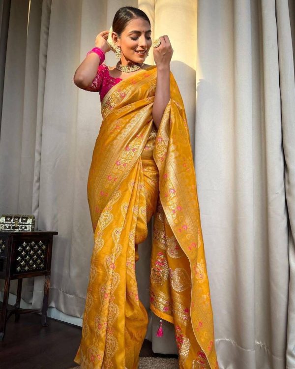 Dazzling Yellow Color Soft Lichi Silk Cloth Rich Pallu All Over Saree 3