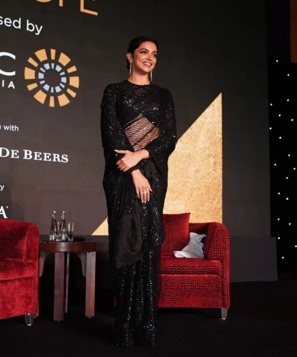 Deepika Padukone Black Nylon Butterfly Net Thread Work Saree