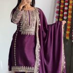 Elegant Purple Color Pure Chinnon Silk Embroidery Salwar Suit