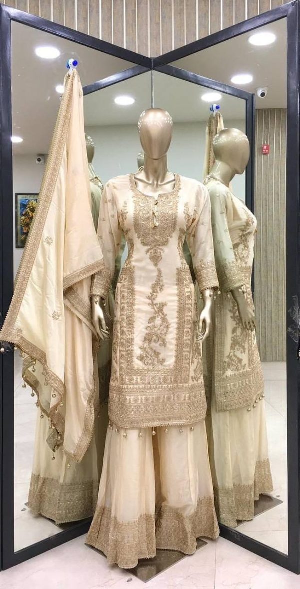Fancy Golden Chinnon Silk Embroidery Coding Dori Salwar Suit