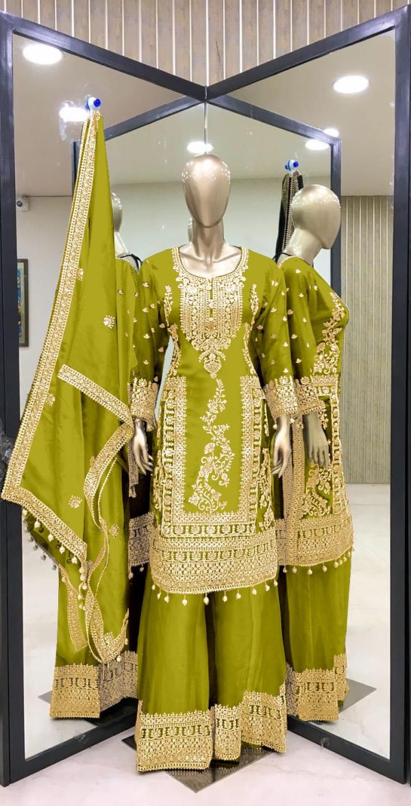Fancy Green Chinnon Silk Embroidery Coding Dori Salwar Suit