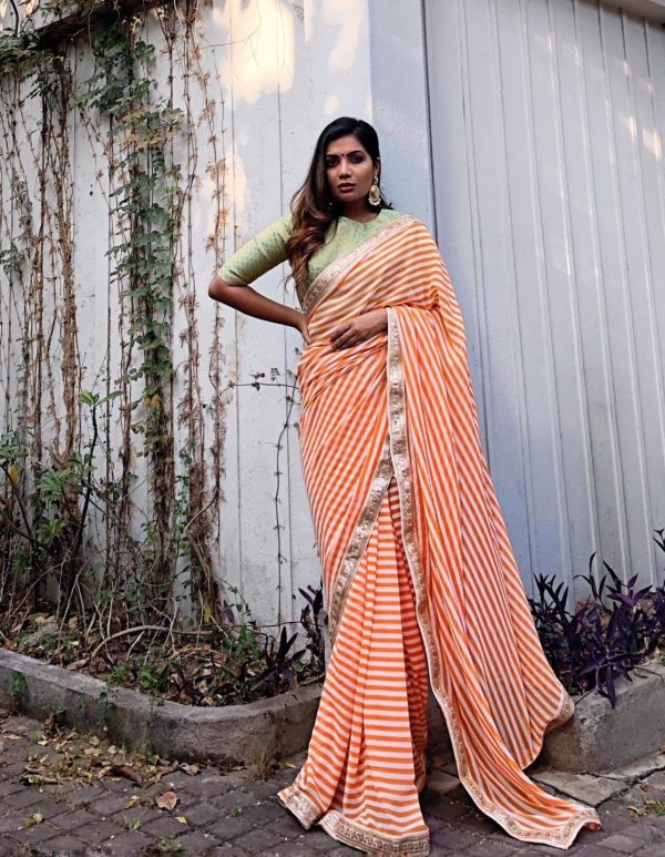 Fancy Orange Color Printed Georgette Embroidery Work Saree