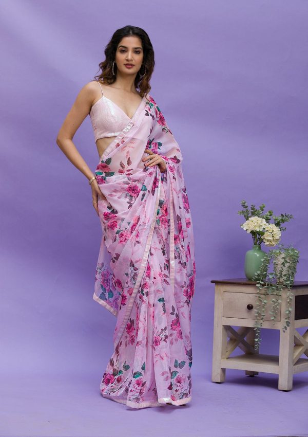 Fancy Pink Floral Digital Printed Georgette Lace Border Saree