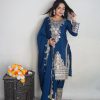 Fine Blue Color Pure Chinnon Silk Embroidery Salwar Suit