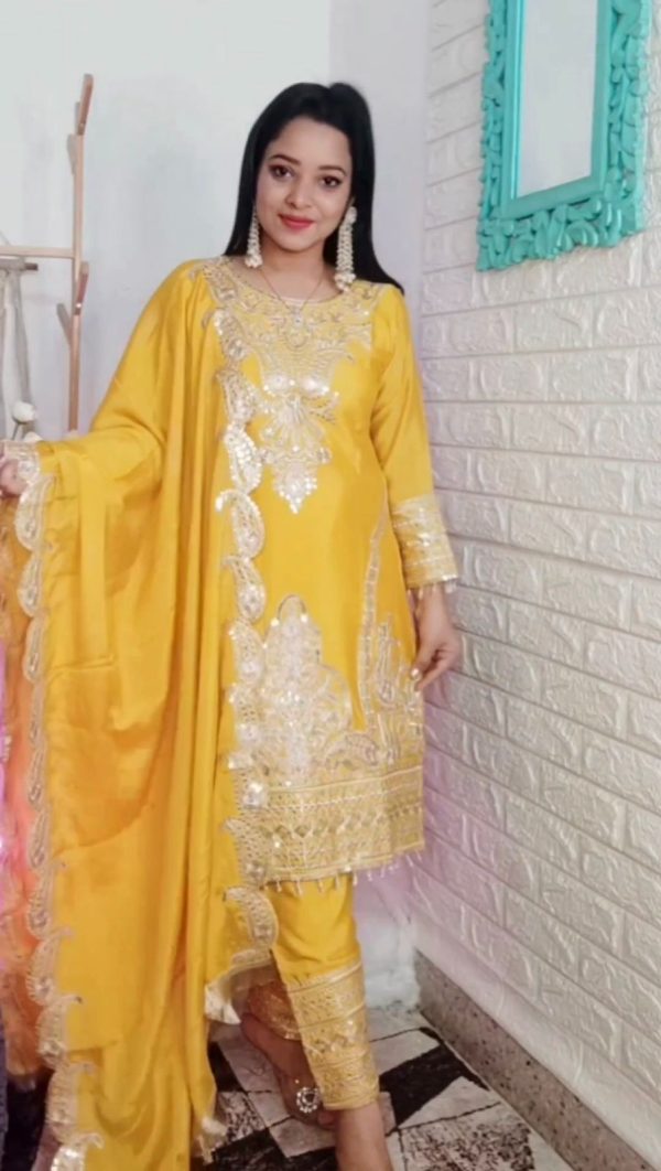 Fine Yellow Color Pure Chinnon Silk Embroidery Salwar Suit