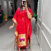 Glamorous Red Color Jacquard Zari Work Kaftan Lace Border Kurti