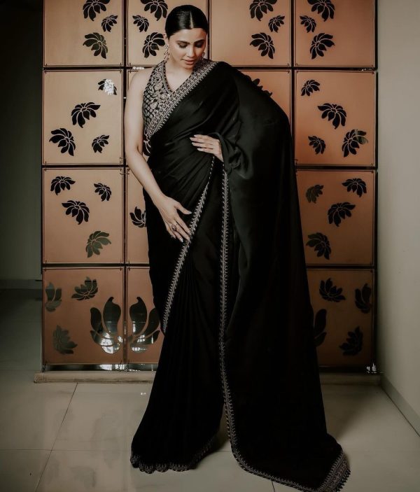 Good-Looking Black Color Satin Silk Thread Sequence Work Saree
