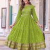 Good-Looking Green Color Heavy Rayon Printed Hand Work Gown