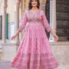 Good-Looking Light Pink Color Rayon Printed Hand Work Gown