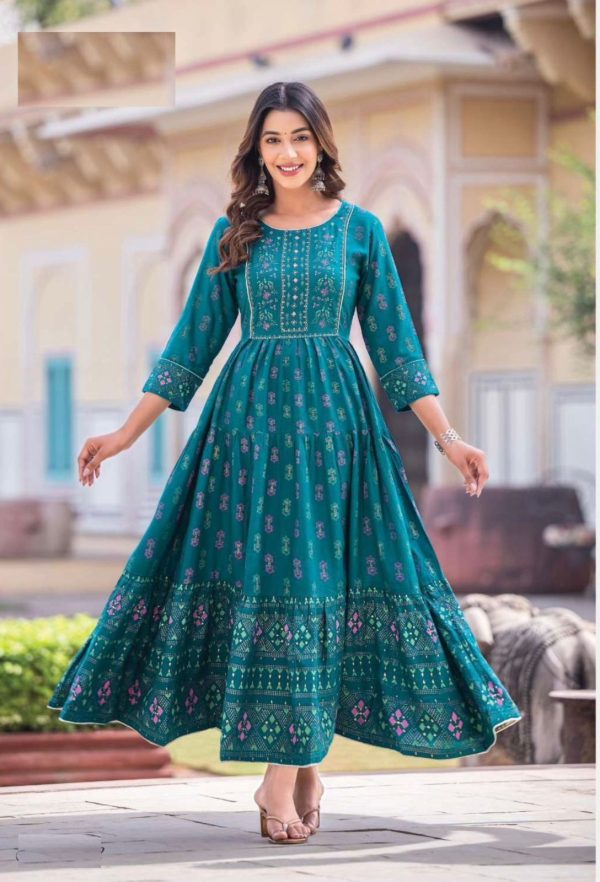 Good-Looking Peacock Green Color Rayon Print Hand Work Gown