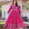 Good-Looking Pink Color Heavy Rayon Printed Hand Work Gown
