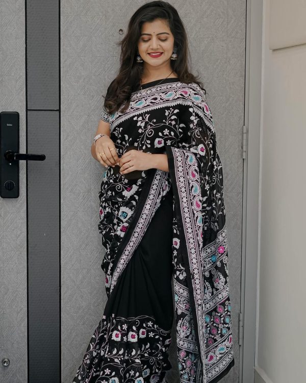 Graceful Black Color Faux Georgette Embroidery Work Saree