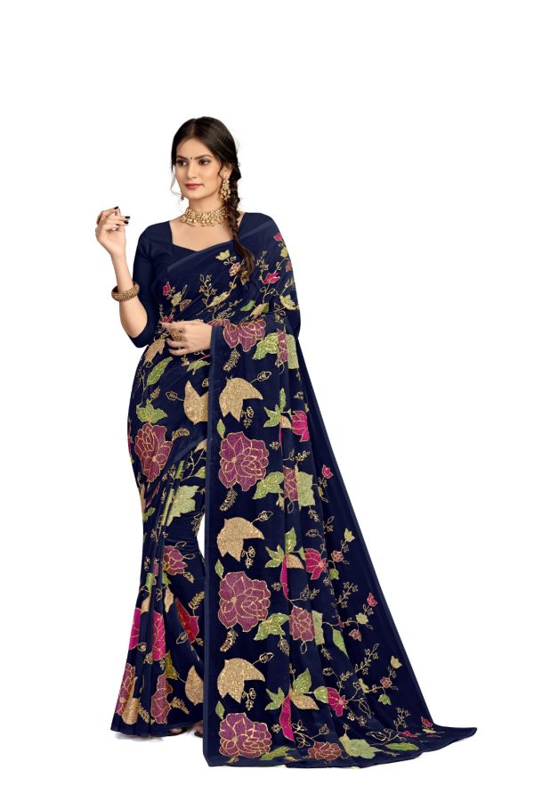 Graceful Black Color Georgette Fancy Thread & Sequence Saree