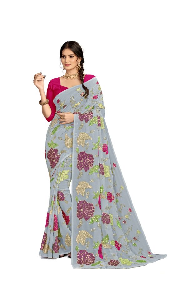 Graceful Grey Color Georgette Fancy Thread & Sequence Saree