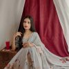 Graceful Grey Color Georgette Printed with pearl lace border Saree
