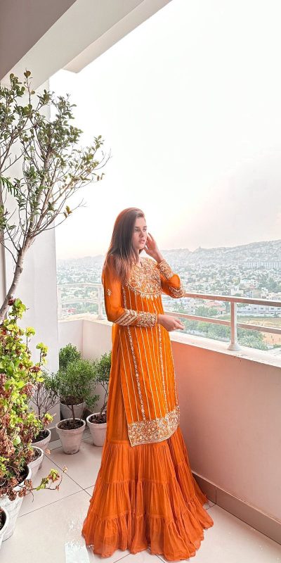 Graceful Orange Color Georgette Thread Sequence Salwar Suit