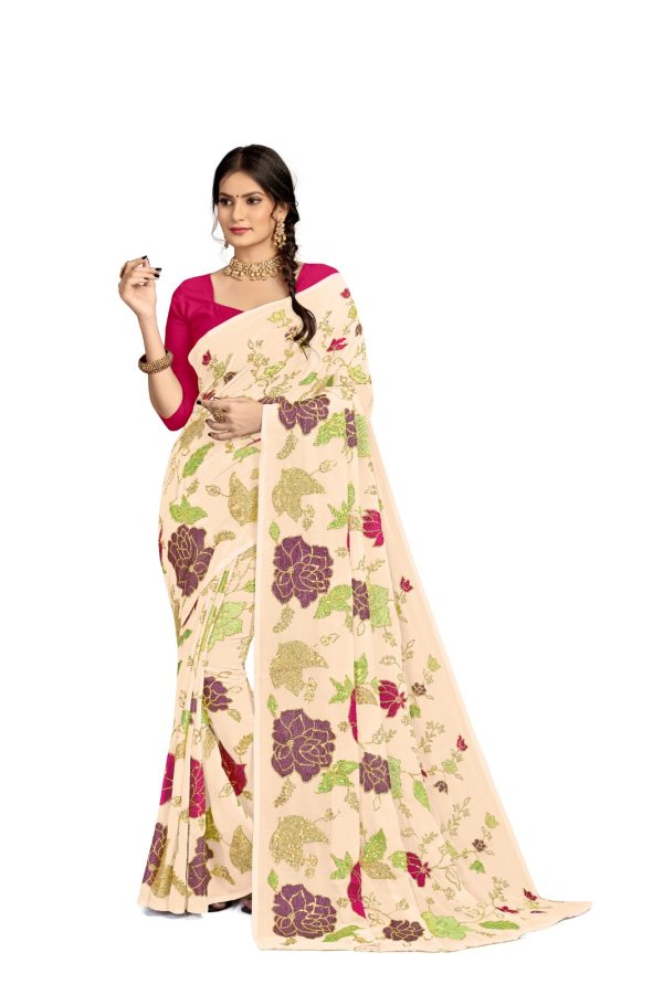 Graceful Peach Color Georgette Fancy Thread & Sequence Saree